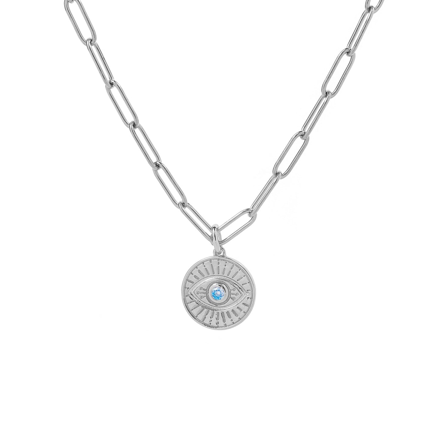 Evil Eye Coin Pendant Necklace with Paperclip Chain