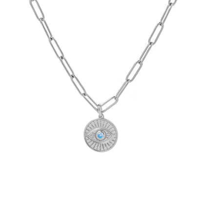 Evil Eye Coin Pendant Necklace with Paperclip Chain