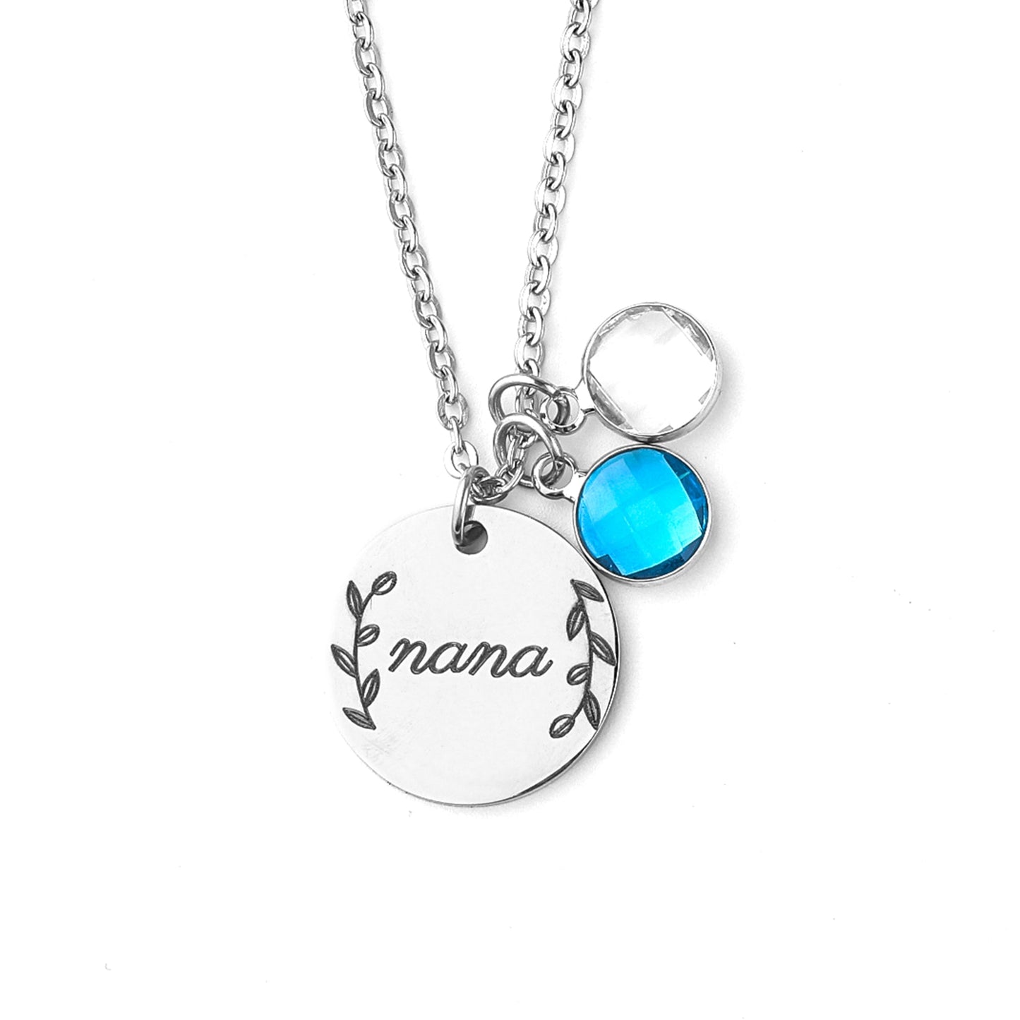 Engraved Birthstone Pendant Necklace with Leaves