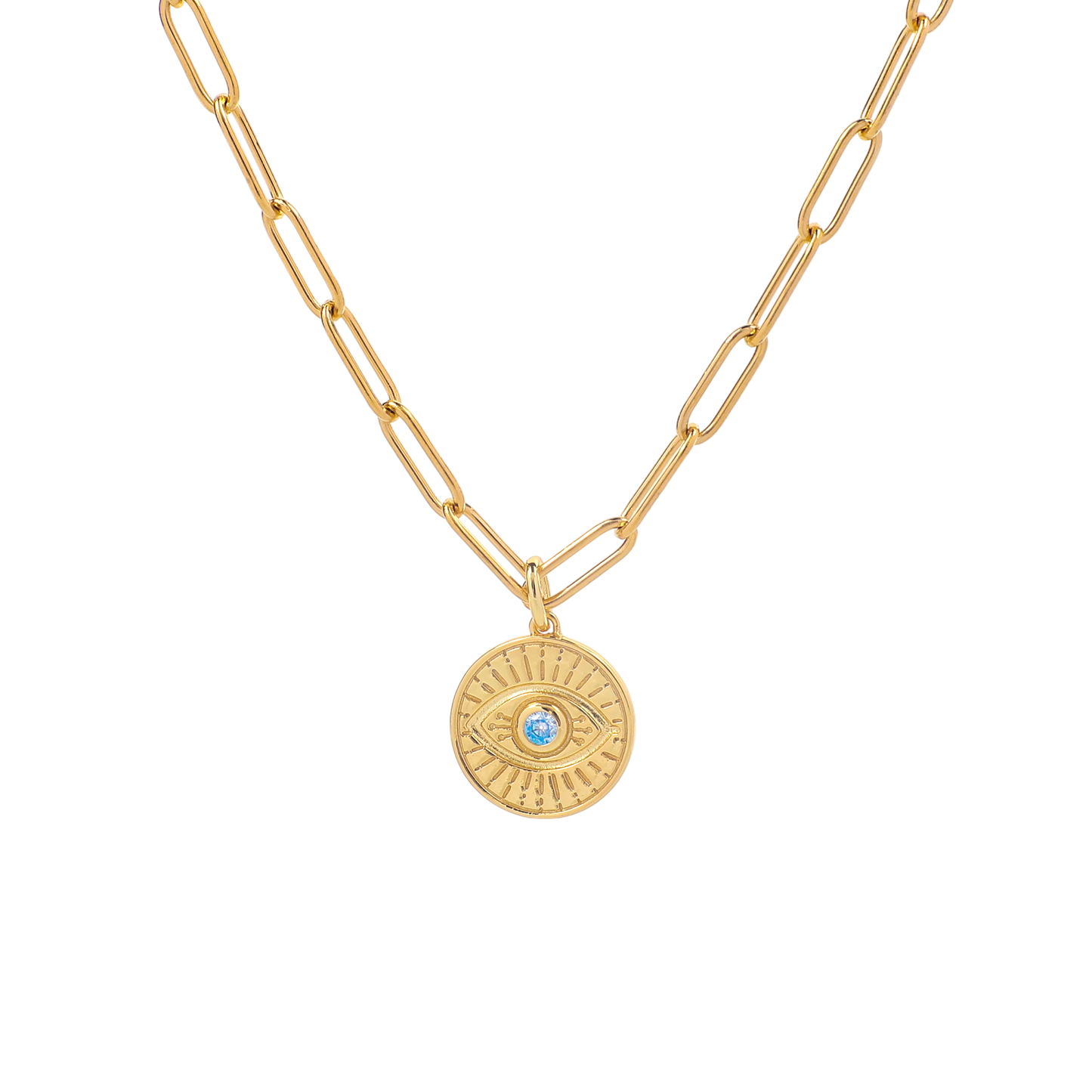 Evil Eye Coin Pendant Necklace with Paperclip Chain