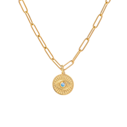 Evil Eye Coin Pendant Necklace with Paperclip Chain