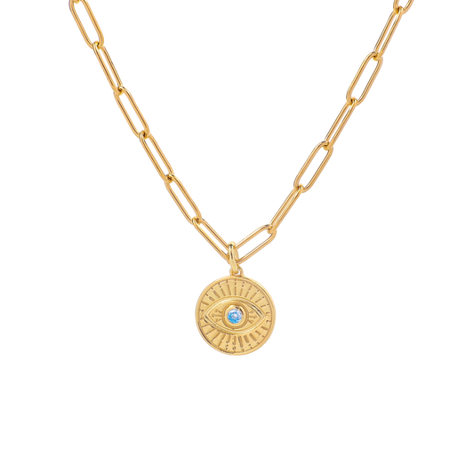 Evil Eye Coin Pendant Necklace with Paperclip Chain