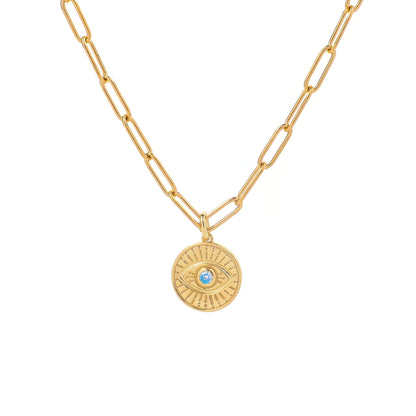 Evil Eye Coin Pendant Necklace with Paperclip Chain