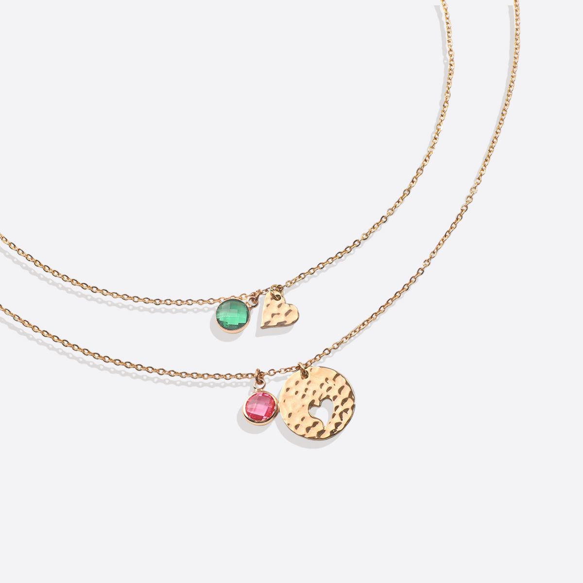 Mother and Daughter Hammered Heart Birthstone Necklace Set