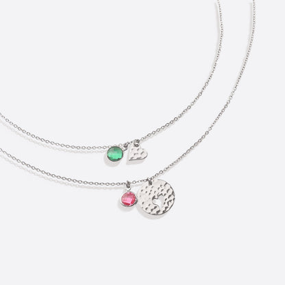 Mother and Daughter Hammered Heart Birthstone Necklace Set