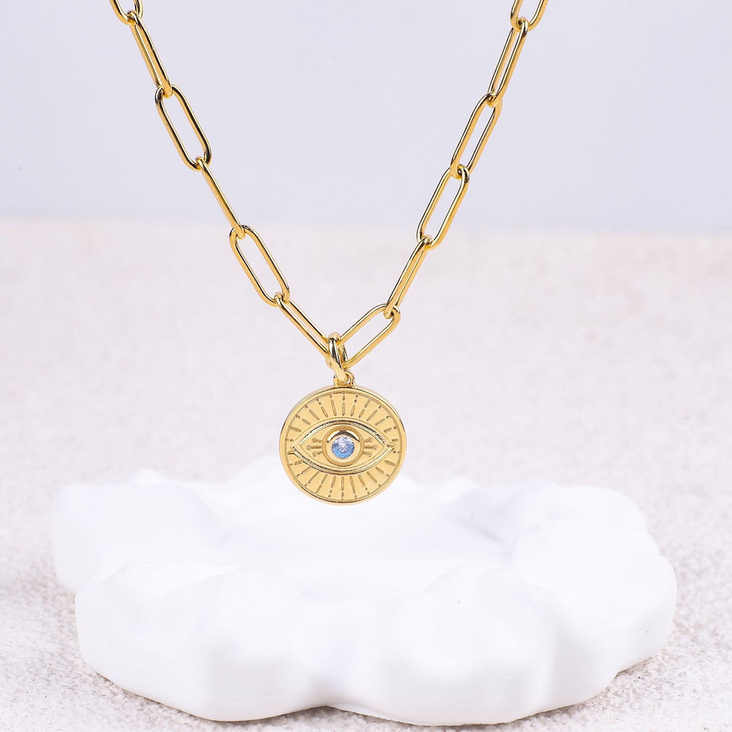 Evil Eye Coin Pendant Necklace with Paperclip Chain