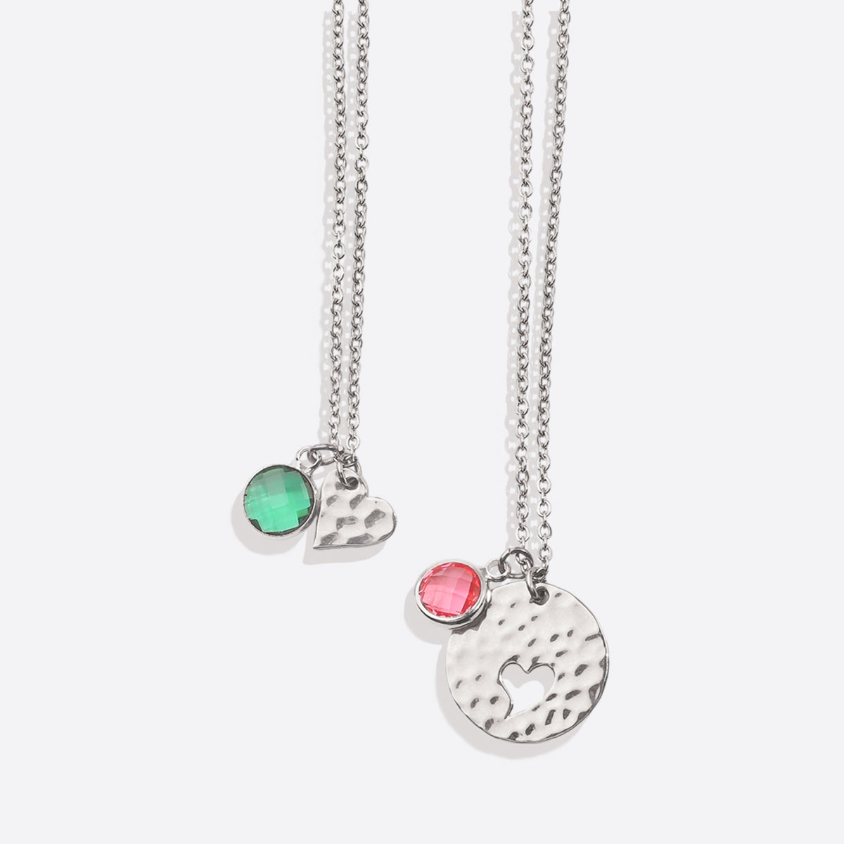 Mother and Daughter Hammered Heart Birthstone Necklace Set