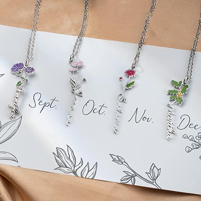 Watercolor Birth Flower Name Necklace