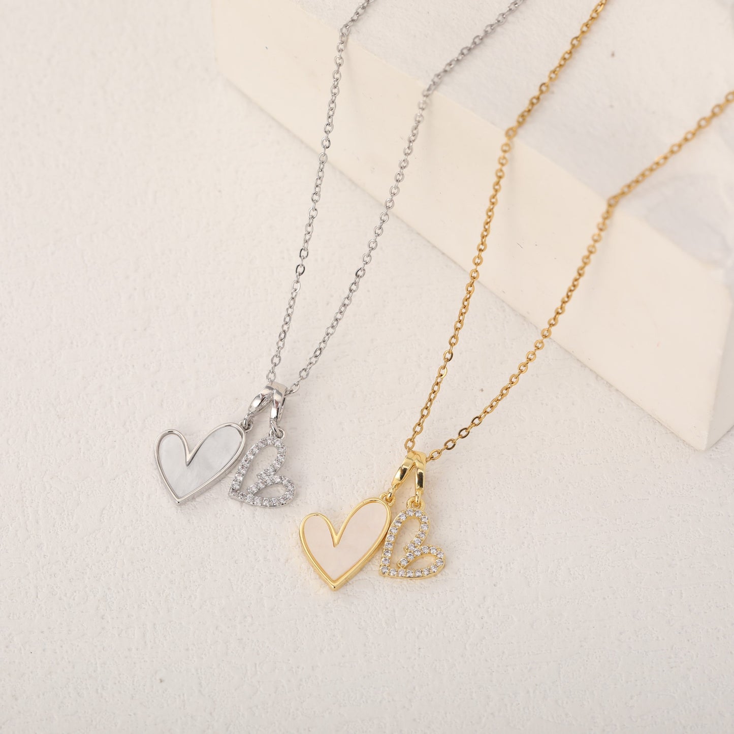 Mother of Pearl & Pave Hearts Necklace