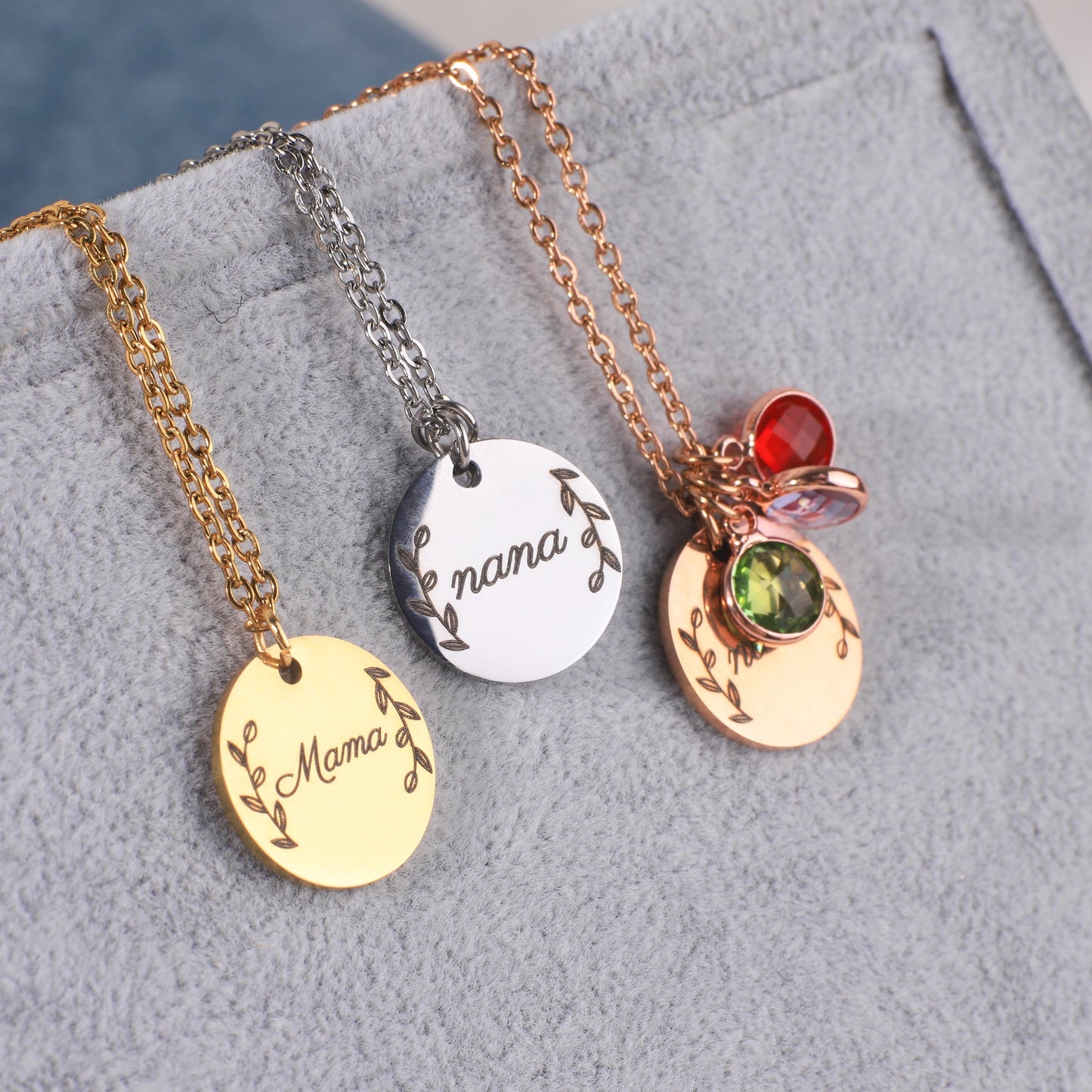 Engraved Birthstone Pendant Necklace with Leaves