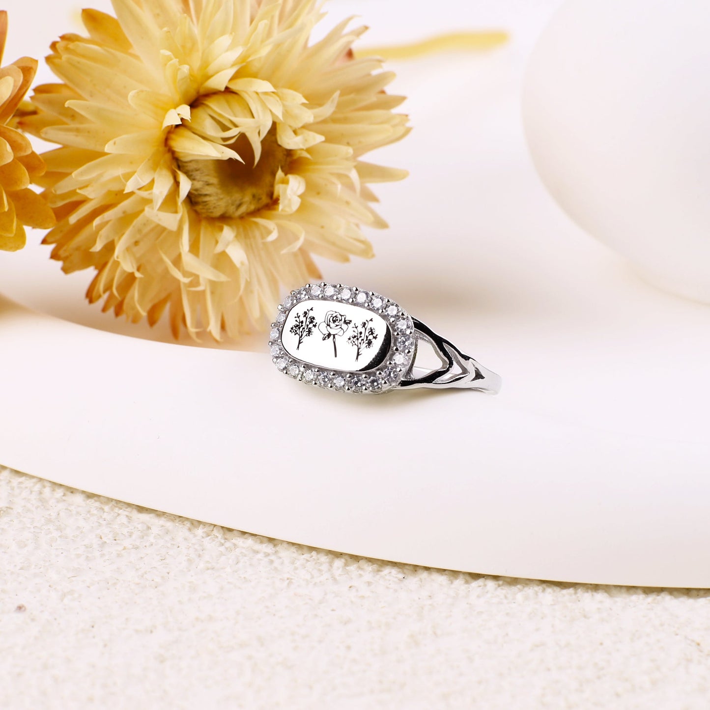 Personalized Birth Flower Bejeweled Ring