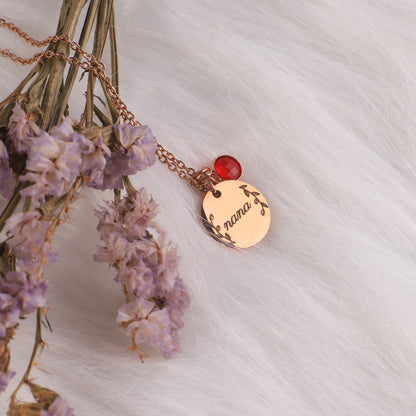 Engraved Birthstone Pendant Necklace with Leaves