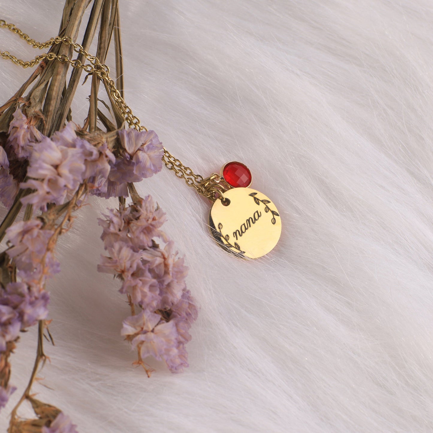 Engraved Birthstone Pendant Necklace with Leaves