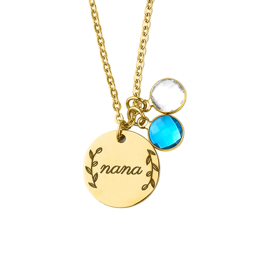 Engraved Birthstone Pendant Necklace with Leaves