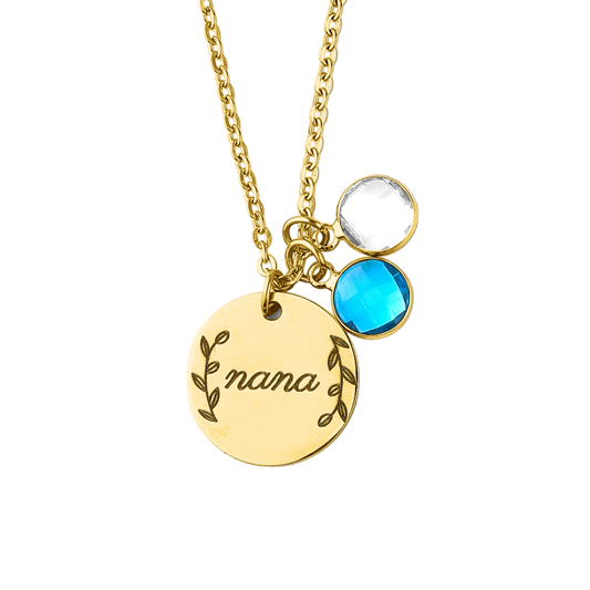 Engraved Birthstone Pendant Necklace with Leaves