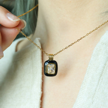 Emerald Cut Gemstone & Enamel Pendant Necklace