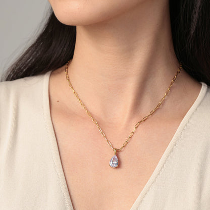 Birthstone Pendant Necklace with Dainty Paperclip Chain