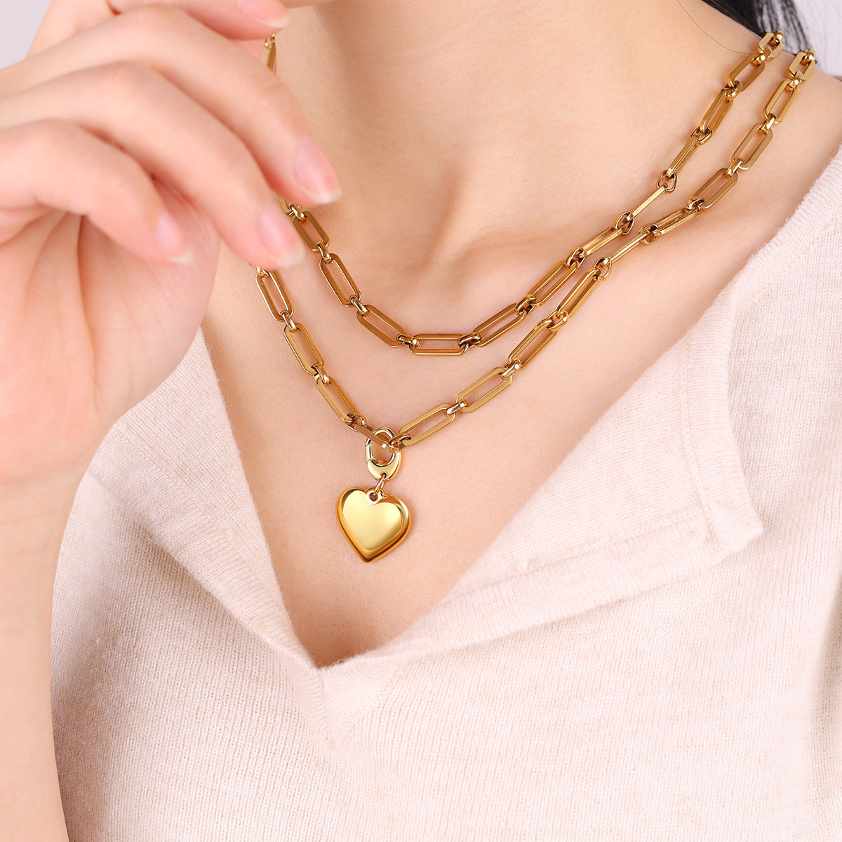 Puffy Heart Charm Necklace with Paperclip Chain