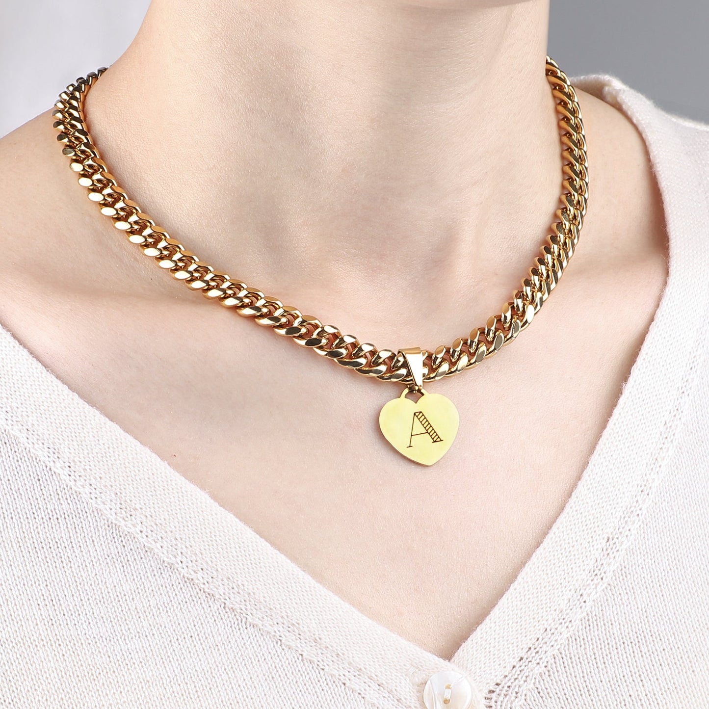 Initial Heart Curb Chain Necklace