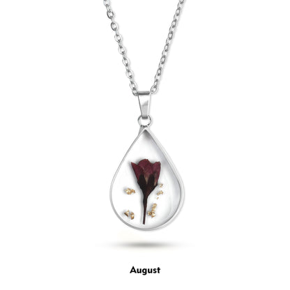 Pressed Birth Flower Droplet Necklace