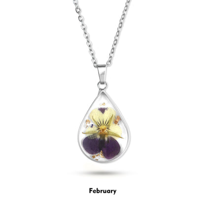 Pressed Birth Flower Droplet Necklace