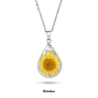 Pressed Birth Flower Droplet Necklace